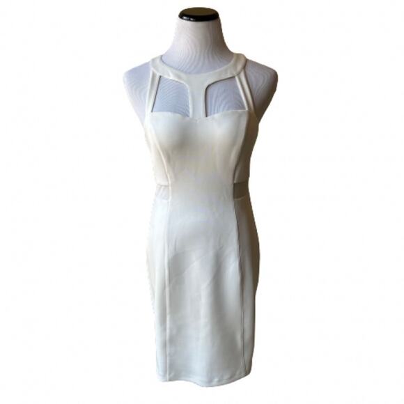 NWT GUESS Women Vintage Ivory Scuba Caged Cutout Strappy Side Mesh Dress. Size 4 - Picture 1 of 12